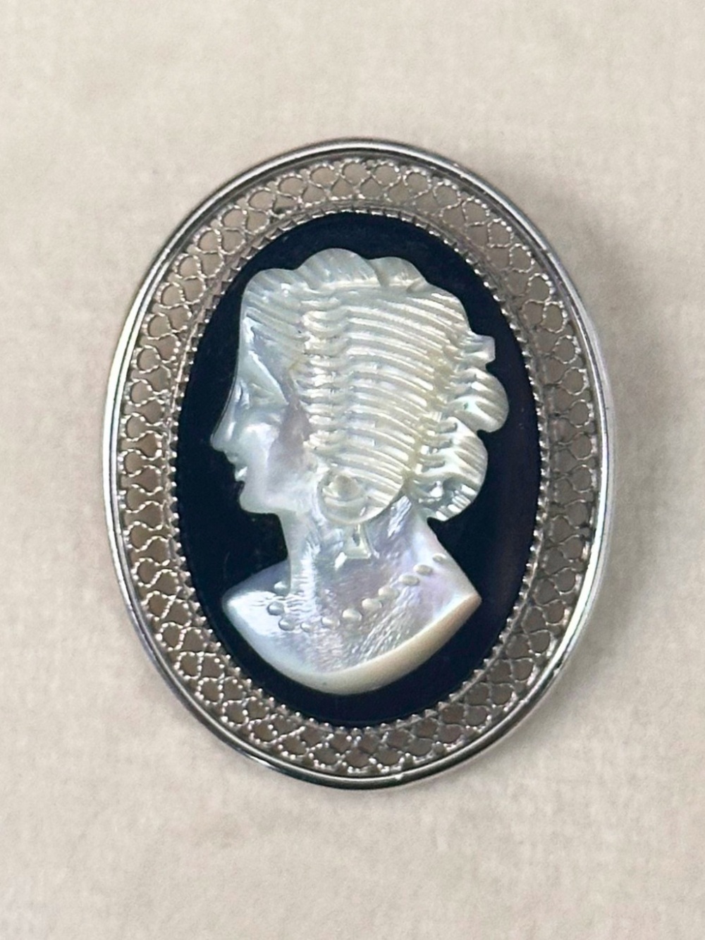 Sterling Left Facing Cameo Brooch by Beaucraft Carved Mother of Pearl